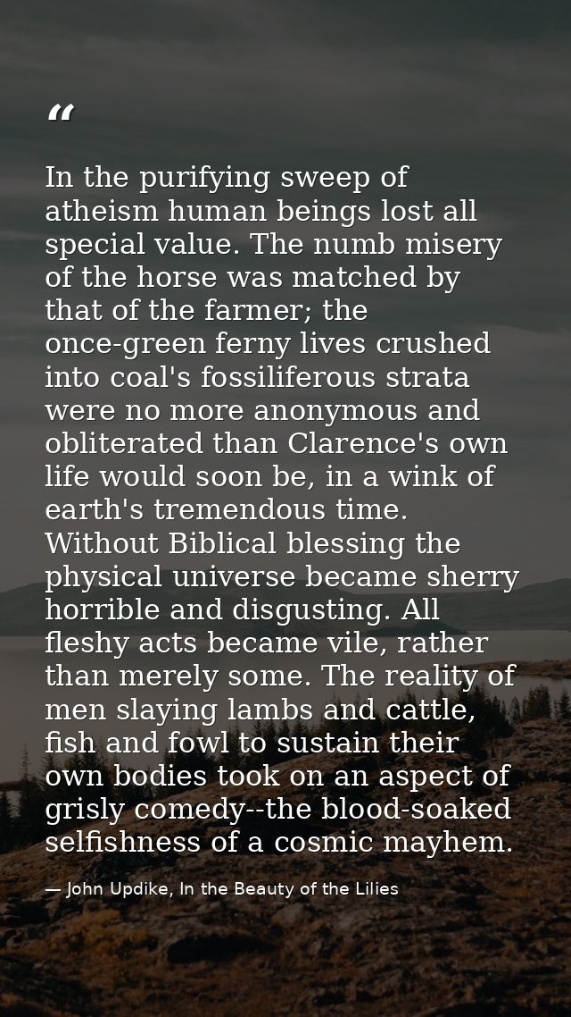 In the purifying sweep of atheism human beings lost all special value. The numb misery of the horse was matched by that  — John Updike, In the Beauty of the Lilies