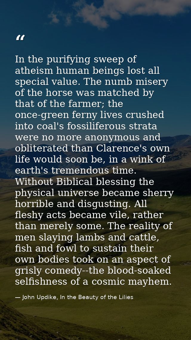 In the purifying sweep of atheism human beings lost all special value. The numb misery of the horse was matched by that  — John Updike, In the Beauty of the Lilies