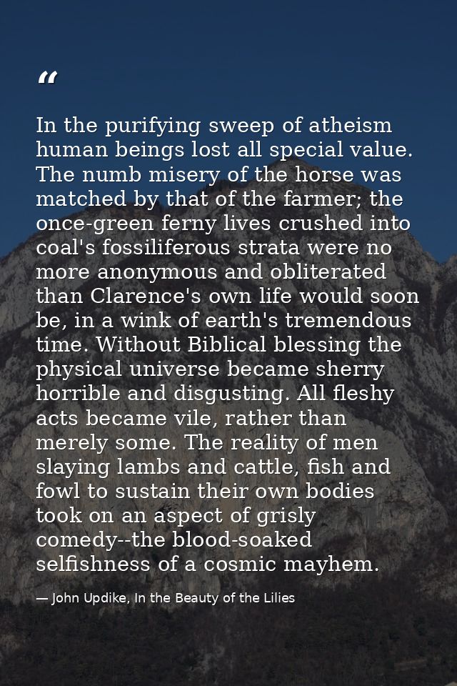 In the purifying sweep of atheism human beings lost all special value. The numb misery of the horse was matched by that  — John Updike, In the Beauty of the Lilies
