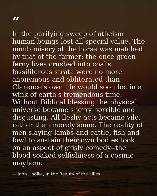 In the purifying sweep of atheism human beings lost all special value. The numb misery of the horse was matched by that  — John Updike, In the Beauty of the Lilies