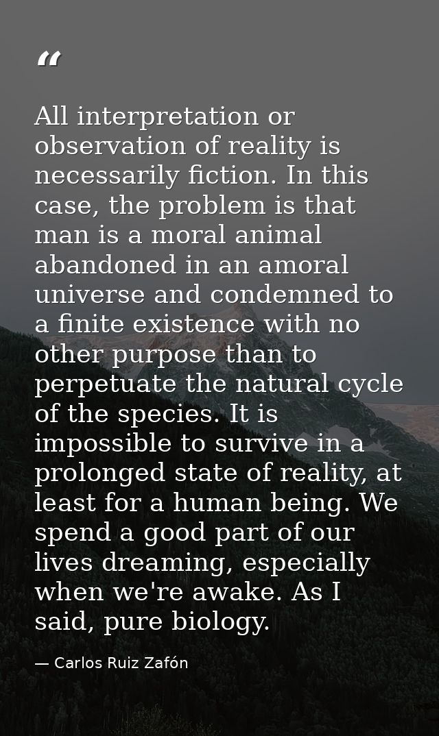All interpretation or observation of reality is necessarily fiction. In this case, the problem is that man is a moral an — Carlos Ruiz Zafón