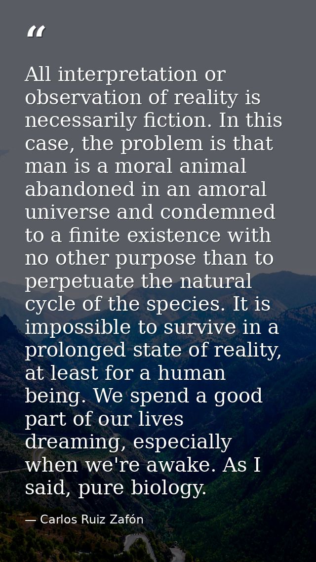 All interpretation or observation of reality is necessarily fiction. In this case, the problem is that man is a moral an — Carlos Ruiz Zafón