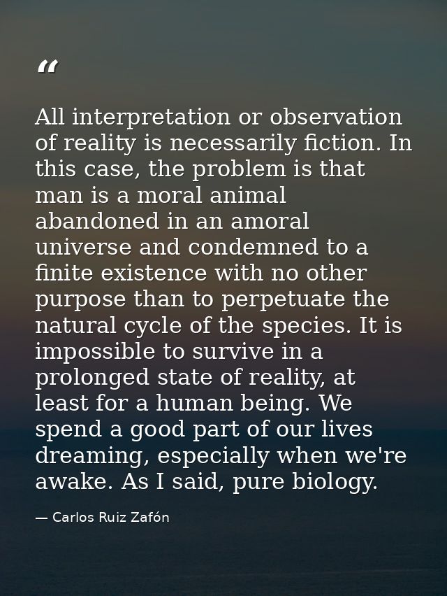 All interpretation or observation of reality is necessarily fiction. In this case, the problem is that man is a moral an — Carlos Ruiz Zafón