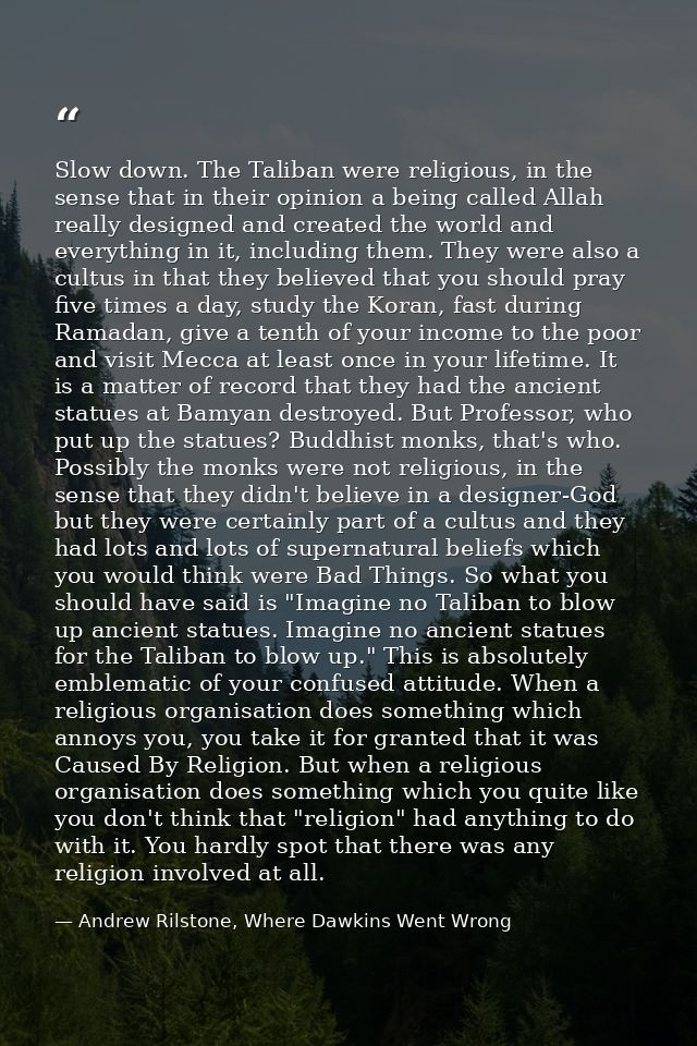 Slow down. The Taliban were religious, in the sense that in their opinion a being called Allah really designed and creat — Andrew Rilstone, Where Dawkins Went Wrong
