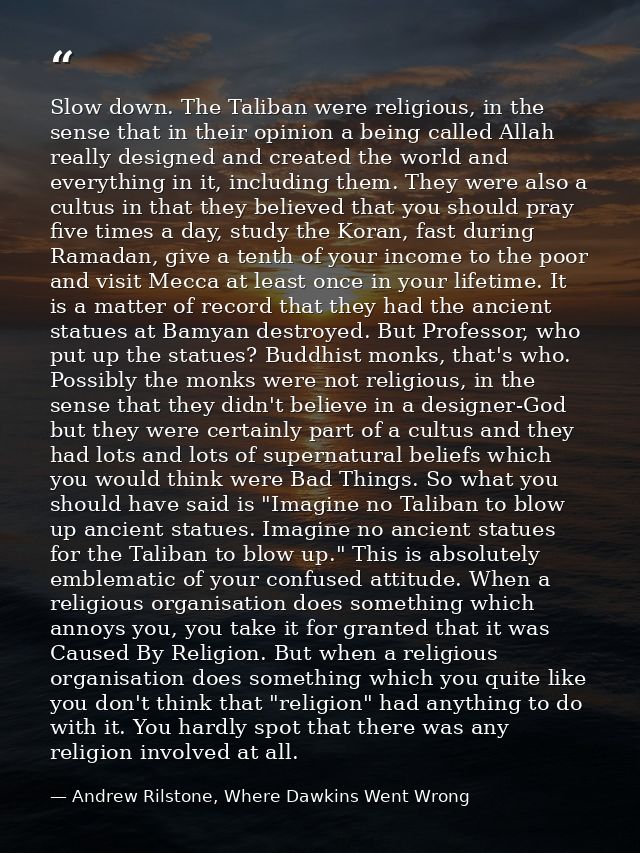 Slow down. The Taliban were religious, in the sense that in their opinion a being called Allah really designed and creat — Andrew Rilstone, Where Dawkins Went Wrong
