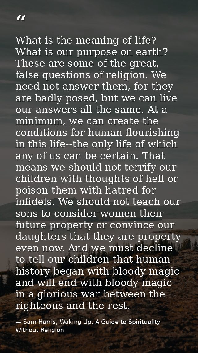 What is the meaning of life? What is our purpose on earth? These are some of the great, false questions of religion. We  — Sam Harris, Waking Up: A Guide to Spirituality Without Religion