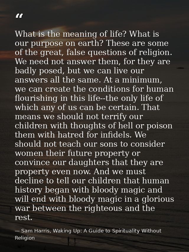 What is the meaning of life? What is our purpose on earth? These are some of the great, false questions of religion. We  — Sam Harris, Waking Up: A Guide to Spirituality Without Religion