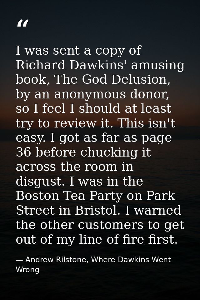 I was sent a copy of Richard Dawkins' amusing book, The God Delusion, by an anonymous donor, so I feel I should at least — Andrew Rilstone, Where Dawkins Went Wrong