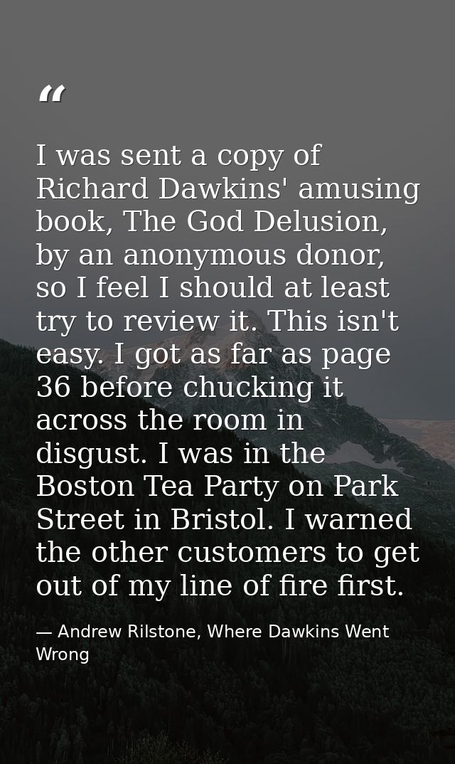 I was sent a copy of Richard Dawkins' amusing book, The God Delusion, by an anonymous donor, so I feel I should at least — Andrew Rilstone, Where Dawkins Went Wrong