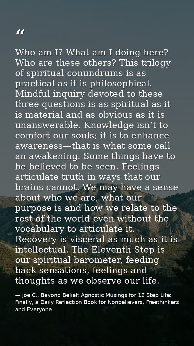 Who am I? What am I doing here? Who are these others? This trilogy of spiritual conundrums is as practical as it is phil — Joe C., Beyond Belief: Agnostic Musings for 12 Step Life: Finally, a Daily Reflection Book for Nonbelievers, Freethinkers and Everyone