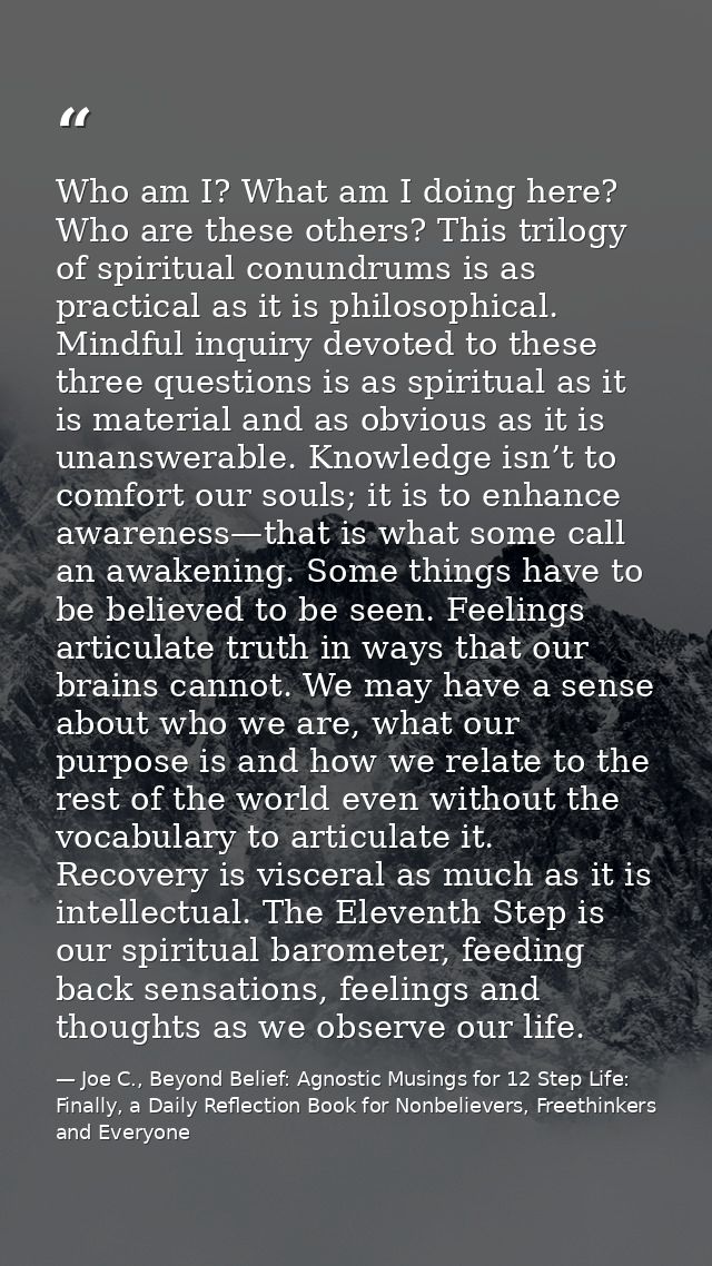 Who am I? What am I doing here? Who are these others? This trilogy of spiritual conundrums is as practical as it is phil — Joe C., Beyond Belief: Agnostic Musings for 12 Step Life: Finally, a Daily Reflection Book for Nonbelievers, Freethinkers and Everyone