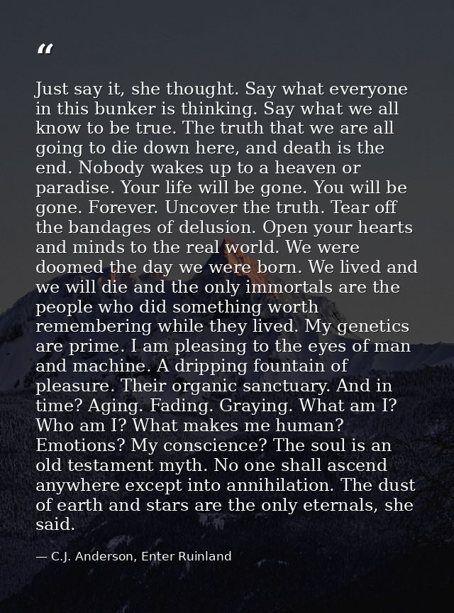 Just say it, she thought. Say what everyone in this bunker is thinking. Say what we all know to be true. The truth that  — C.J. Anderson, Enter Ruinland