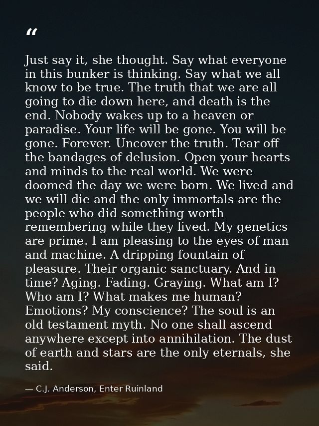 Just say it, she thought. Say what everyone in this bunker is thinking. Say what we all know to be true. The truth that  — C.J. Anderson, Enter Ruinland