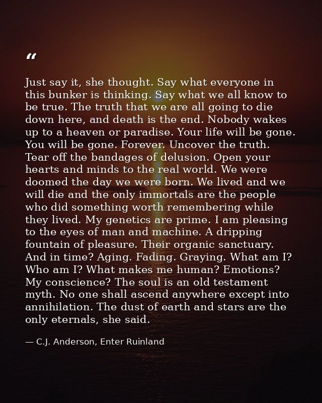Just say it, she thought. Say what everyone in this bunker is thinking. Say what we all know to be true. The truth that  — C.J. Anderson, Enter Ruinland