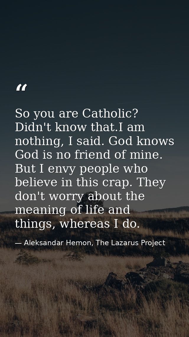 So you are Catholic? Didn't know that.I am nothing, I said. God knows God is no friend of mine. But I envy people who be — Aleksandar Hemon, The Lazarus Project