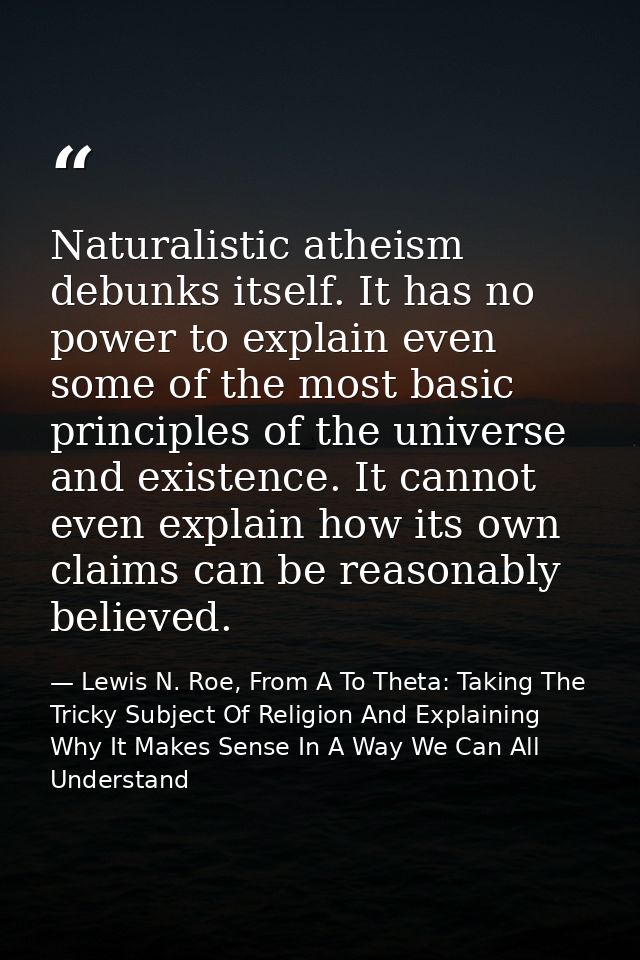 Naturalistic atheism debunks itself. It has no power to explain even some of the most basic principles of the universe a — Lewis N. Roe, From A To Theta: Taking The Tricky Subject Of Religion And Explaining Why It Makes Sense In A Way We Can All Understand
