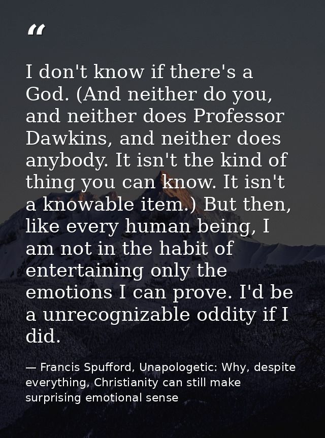 I don't know if there's a God. (And neither do you, and neither does Professor Dawkins, and neither does anybody. It isn — Francis Spufford, Unapologetic: Why, despite everything, Christianity can still make surprising emotional sense