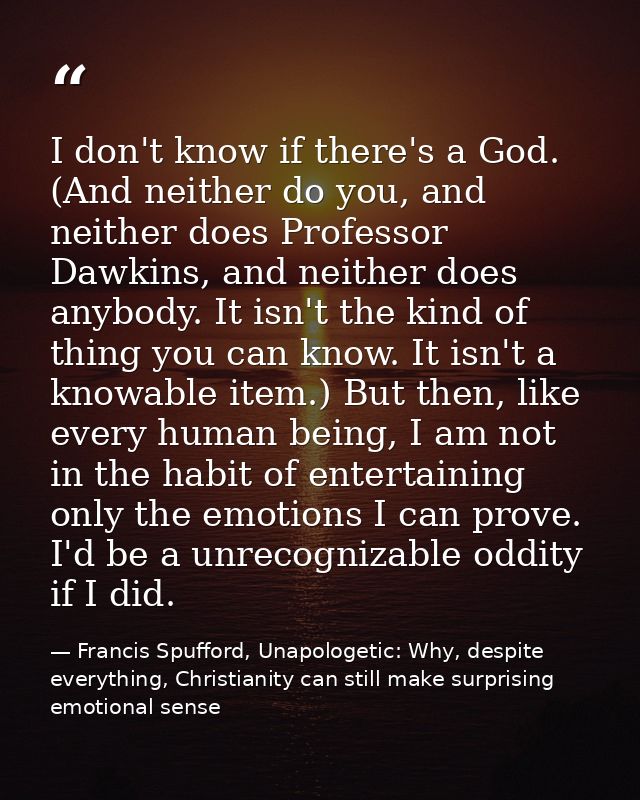 I don't know if there's a God. (And neither do you, and neither does Professor Dawkins, and neither does anybody. It isn — Francis Spufford, Unapologetic: Why, despite everything, Christianity can still make surprising emotional sense