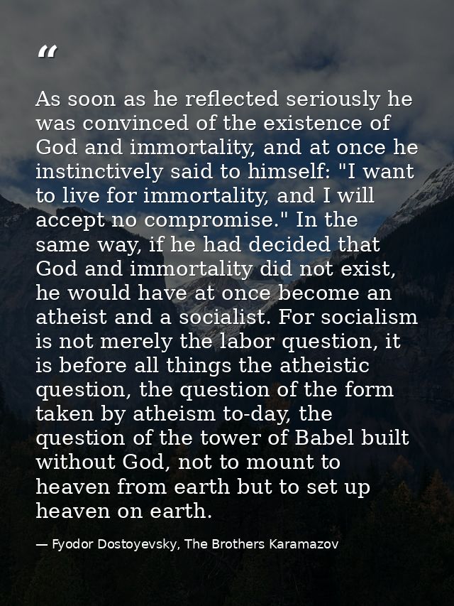 As soon as he reflected seriously he was convinced of the existence of God and immortality, and at once he instinctively — Fyodor Dostoyevsky, The Brothers Karamazov