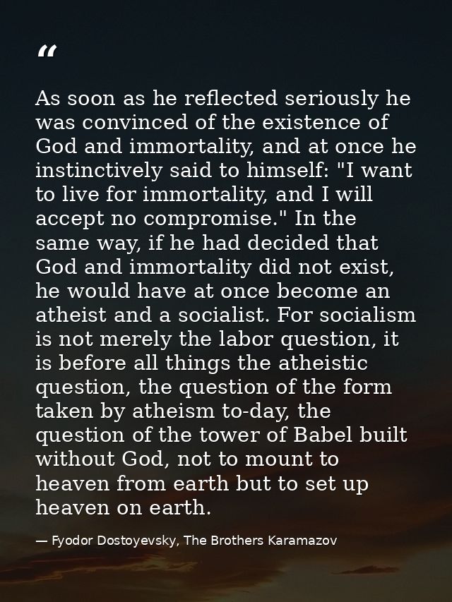 As soon as he reflected seriously he was convinced of the existence of God and immortality, and at once he instinctively — Fyodor Dostoyevsky, The Brothers Karamazov