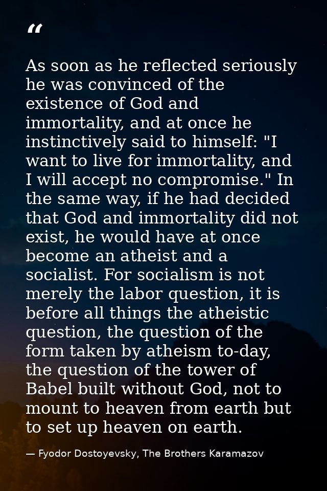 As soon as he reflected seriously he was convinced of the existence of God and immortality, and at once he instinctively — Fyodor Dostoyevsky, The Brothers Karamazov