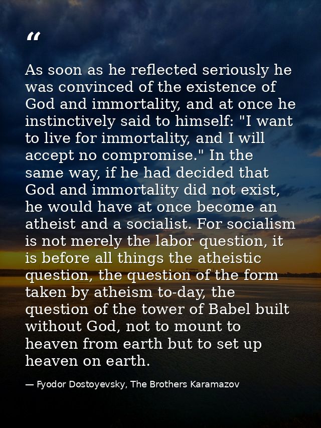 As soon as he reflected seriously he was convinced of the existence of God and immortality, and at once he instinctively — Fyodor Dostoyevsky, The Brothers Karamazov