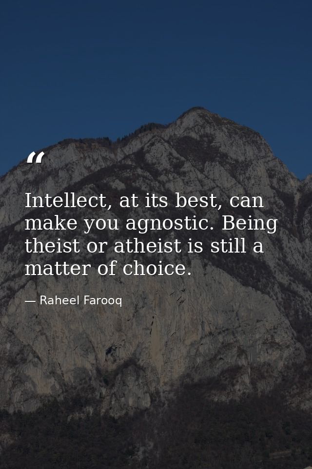 Intellect, at its best, can make you agnostic. Being theist or atheist is still a matter of choice. — Raheel Farooq