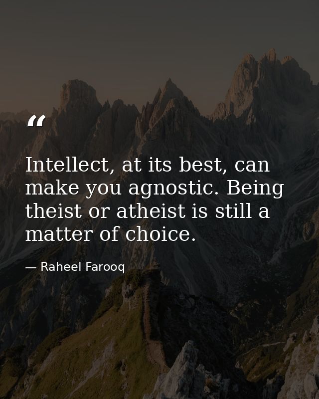 Intellect, at its best, can make you agnostic. Being theist or atheist is still a matter of choice. — Raheel Farooq