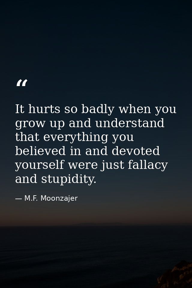 It hurts so badly when you grow up and understand that everything you believed in and devoted yourself were just fallacy — M.F. Moonzajer