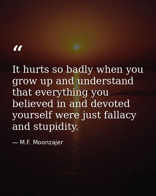 It hurts so badly when you grow up and understand that everything you believed in and devoted yourself were just fallacy — M.F. Moonzajer
