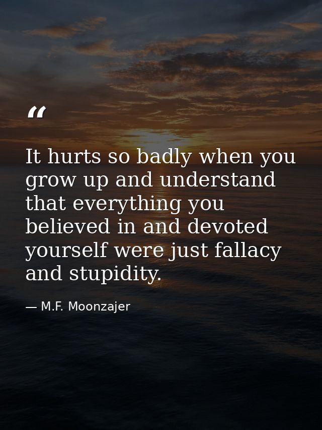 It hurts so badly when you grow up and understand that everything you believed in and devoted yourself were just fallacy — M.F. Moonzajer