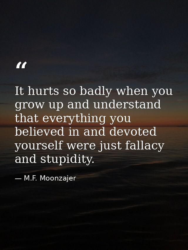 It hurts so badly when you grow up and understand that everything you believed in and devoted yourself were just fallacy — M.F. Moonzajer