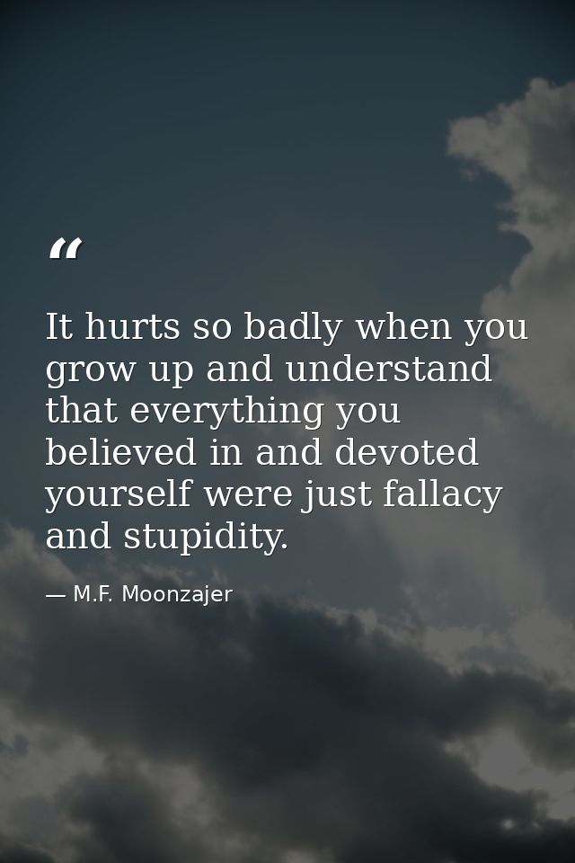 It hurts so badly when you grow up and understand that everything you believed in and devoted yourself were just fallacy — M.F. Moonzajer