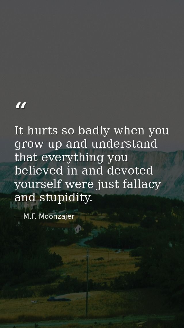 It hurts so badly when you grow up and understand that everything you believed in and devoted yourself were just fallacy — M.F. Moonzajer