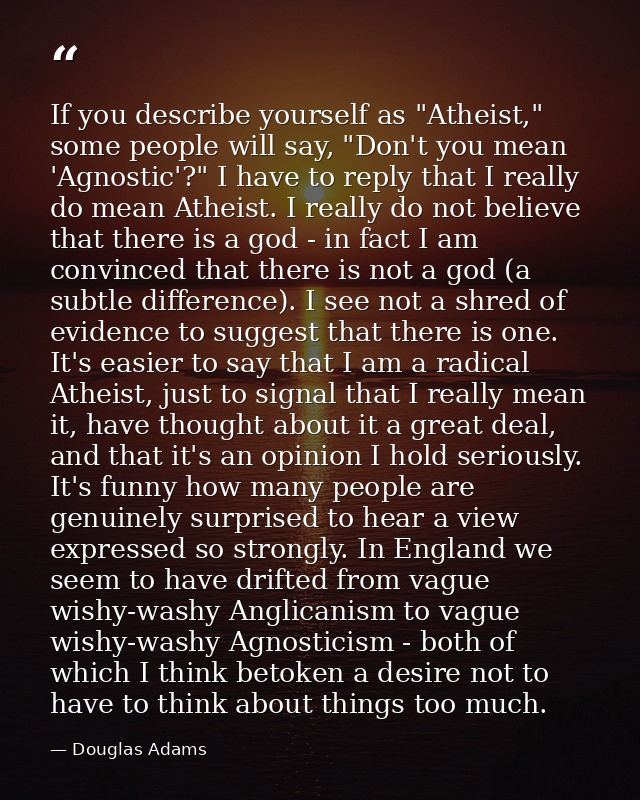 If you describe yourself as "Atheist," some people will say, "Don't you mean 'Agnostic'?" I have to reply that I really  — Douglas Adams
