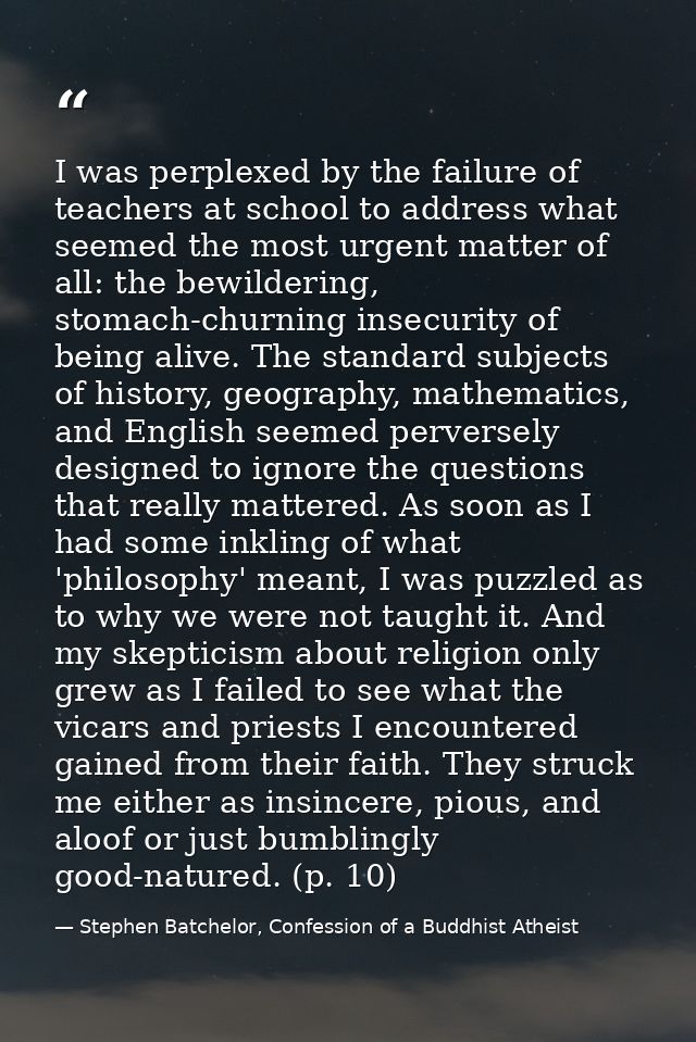 I was perplexed by the failure of teachers at school to address what seemed the most urgent matter of all: the bewilderi — Stephen Batchelor, Confession of a Buddhist Atheist