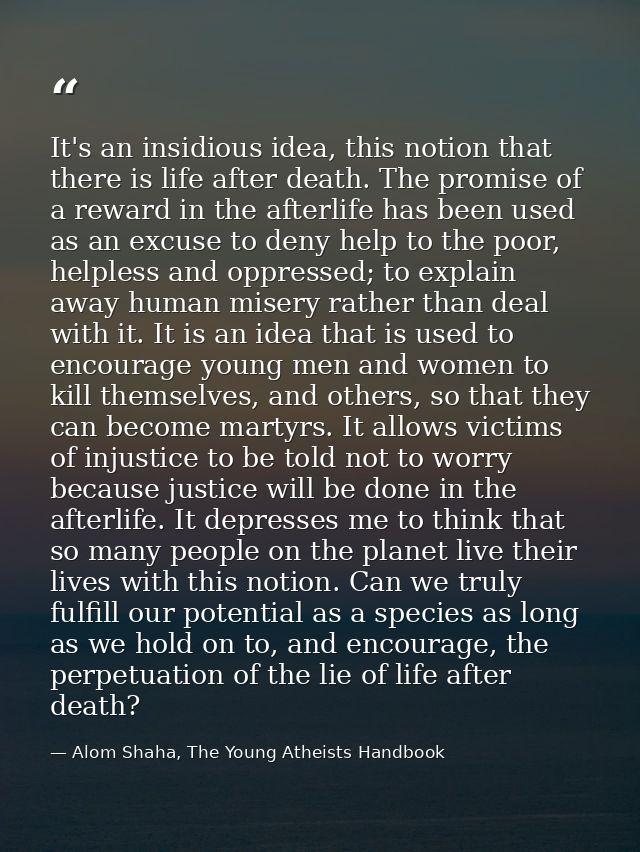 It's an insidious idea, this notion that there is life after death. The promise of a reward in the afterlife has been us — Alom Shaha, The Young Atheists Handbook