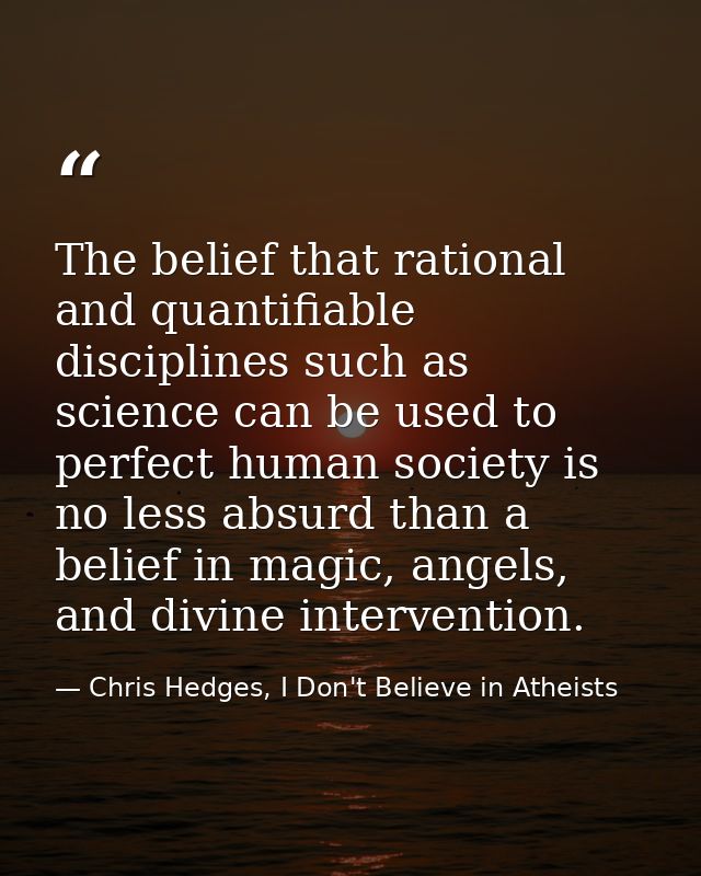 The belief that rational and quantifiable disciplines such as science can be used to perfect human society is no less ab — Chris Hedges, I Don't Believe in Atheists