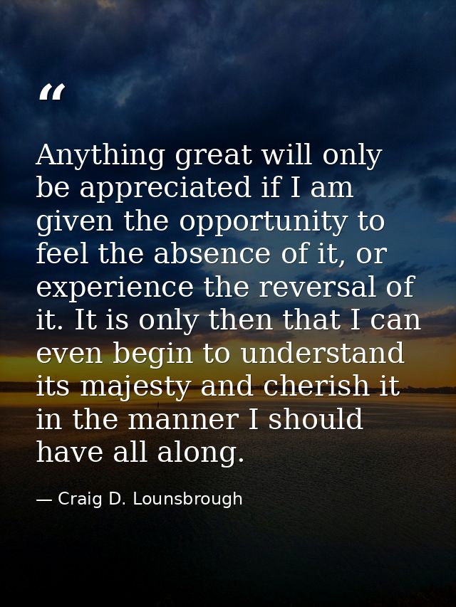 Anything great will only be appreciated if I am given the opportunity to feel the absence of it, or experience the rever — Craig D. Lounsbrough