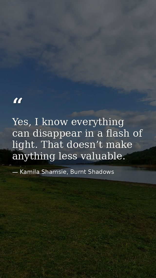 Yes, I know everything can disappear in a flash of light. That doesn’t make anything less valuable. — Kamila Shamsie, Burnt Shadows