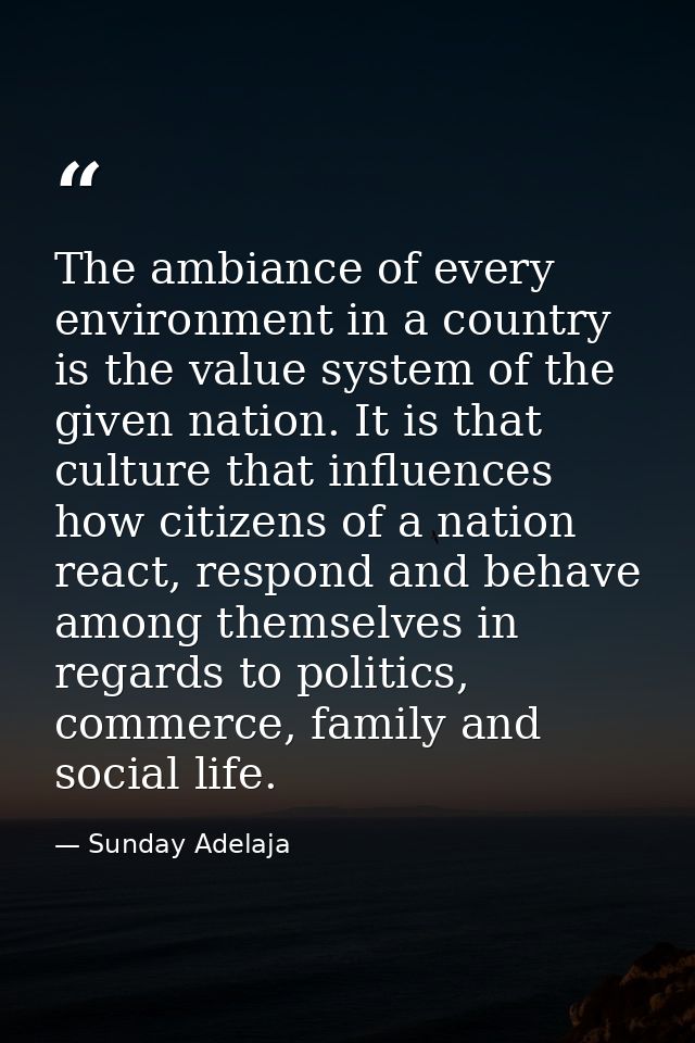 The ambiance of every environment in a country is the value system of the given nation. It is that culture that influenc — Sunday Adelaja