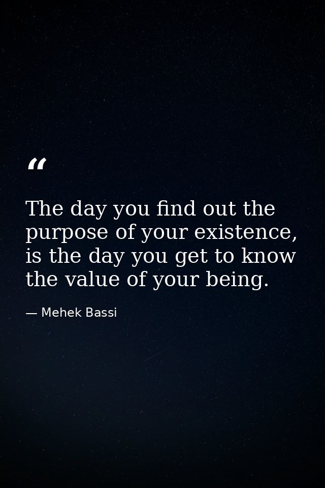 The day you find out the purpose of your existence, is the day you get to know the value of your being. — Mehek Bassi