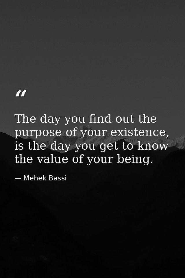 The day you find out the purpose of your existence, is the day you get to know the value of your being. — Mehek Bassi