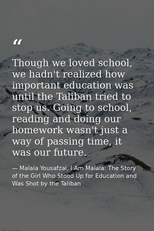 Though we loved school, we hadn't realized how important education was until the Taliban tried to stop us. Going to scho — Malala Yousafzai, I Am Malala: The Story of the Girl Who Stood Up for Education and Was Shot by the Taliban