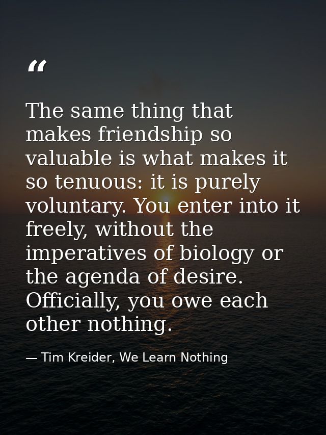 The same thing that makes friendship so valuable is what makes it so tenuous: it is purely voluntary. You enter into it  — Tim Kreider, We Learn Nothing