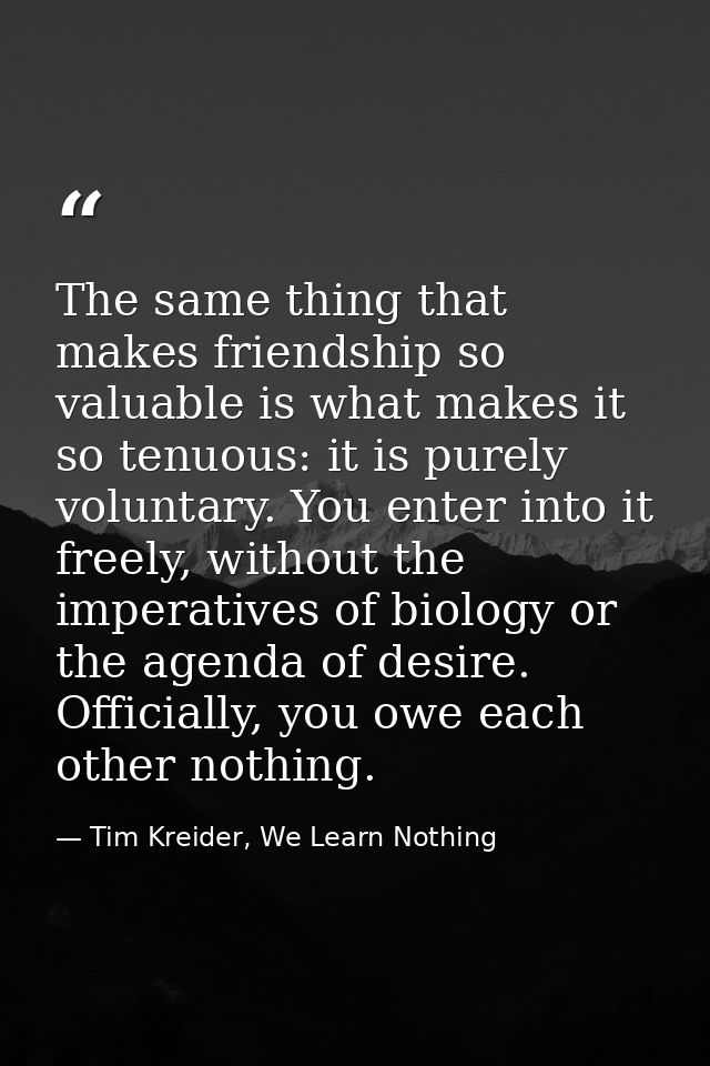 The same thing that makes friendship so valuable is what makes it so tenuous: it is purely voluntary. You enter into it  — Tim Kreider, We Learn Nothing