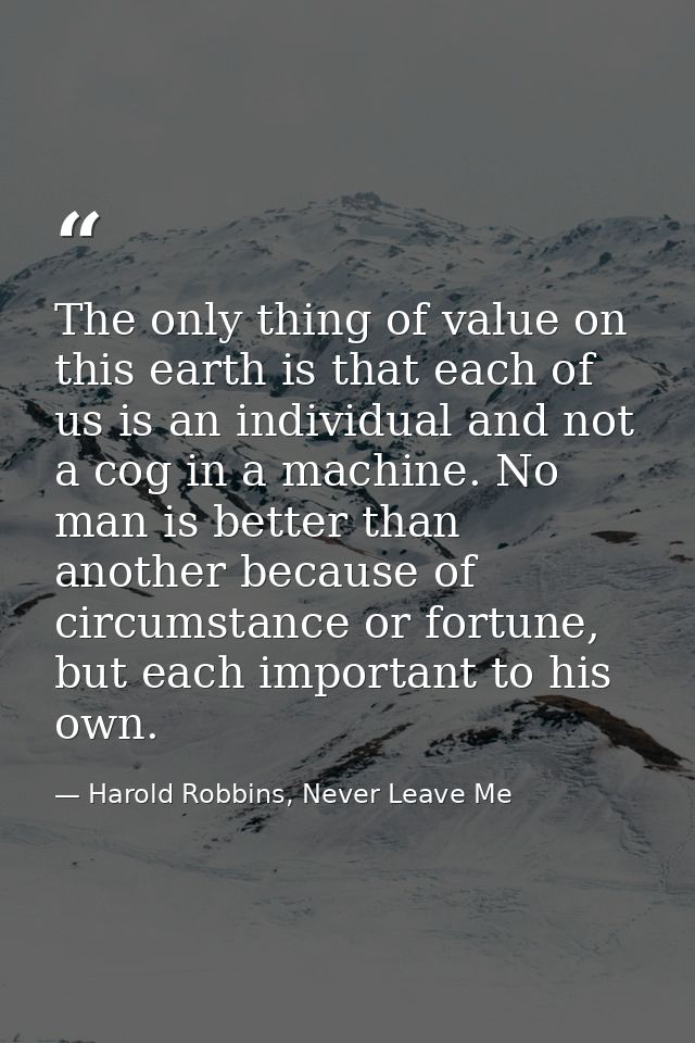 The only thing of value on this earth is that each of us is an individual and not a cog in a machine. No man is better t — Harold Robbins, Never Leave Me