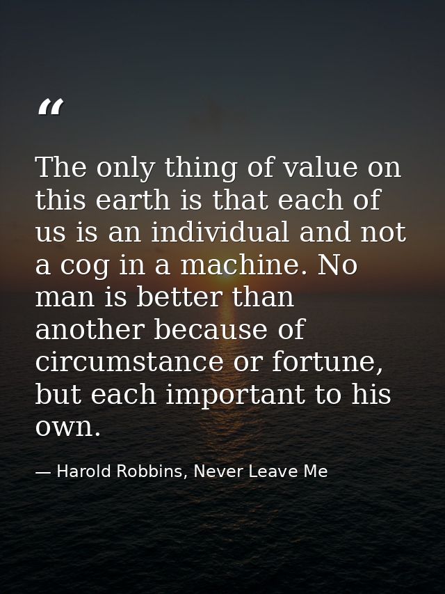 The only thing of value on this earth is that each of us is an individual and not a cog in a machine. No man is better t — Harold Robbins, Never Leave Me