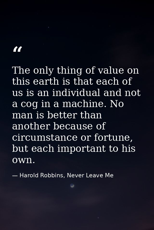 The only thing of value on this earth is that each of us is an individual and not a cog in a machine. No man is better t — Harold Robbins, Never Leave Me