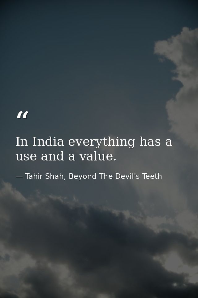 In India everything has a use and a value. — Tahir Shah, Beyond The Devil's Teeth